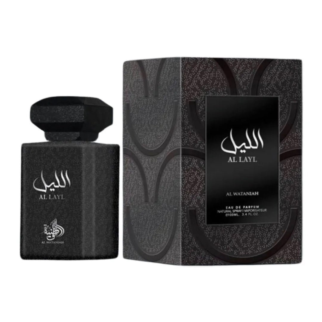 Black perfume bottle and packaging with 'Al Lail' branding on a white background