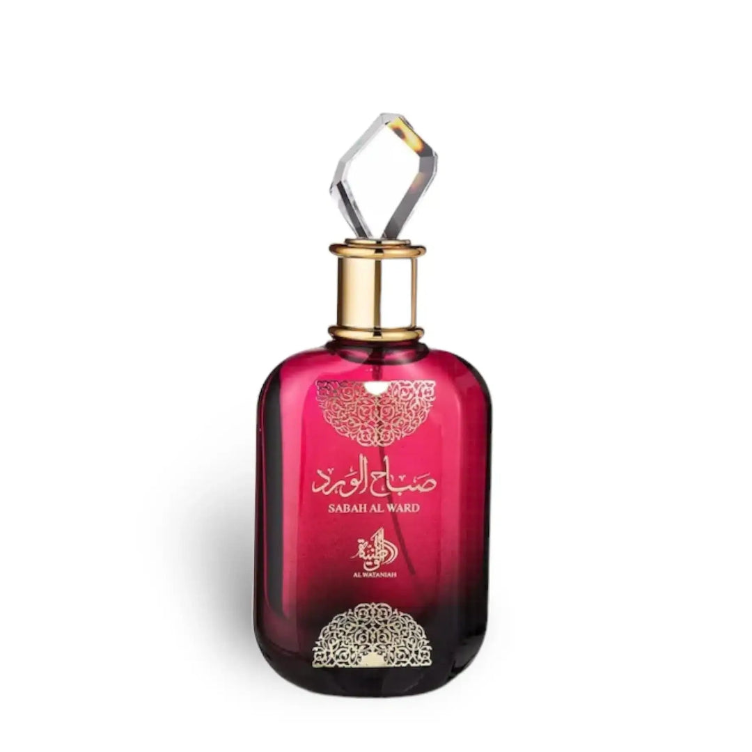 Red perfume bottle with gold accents on a white background