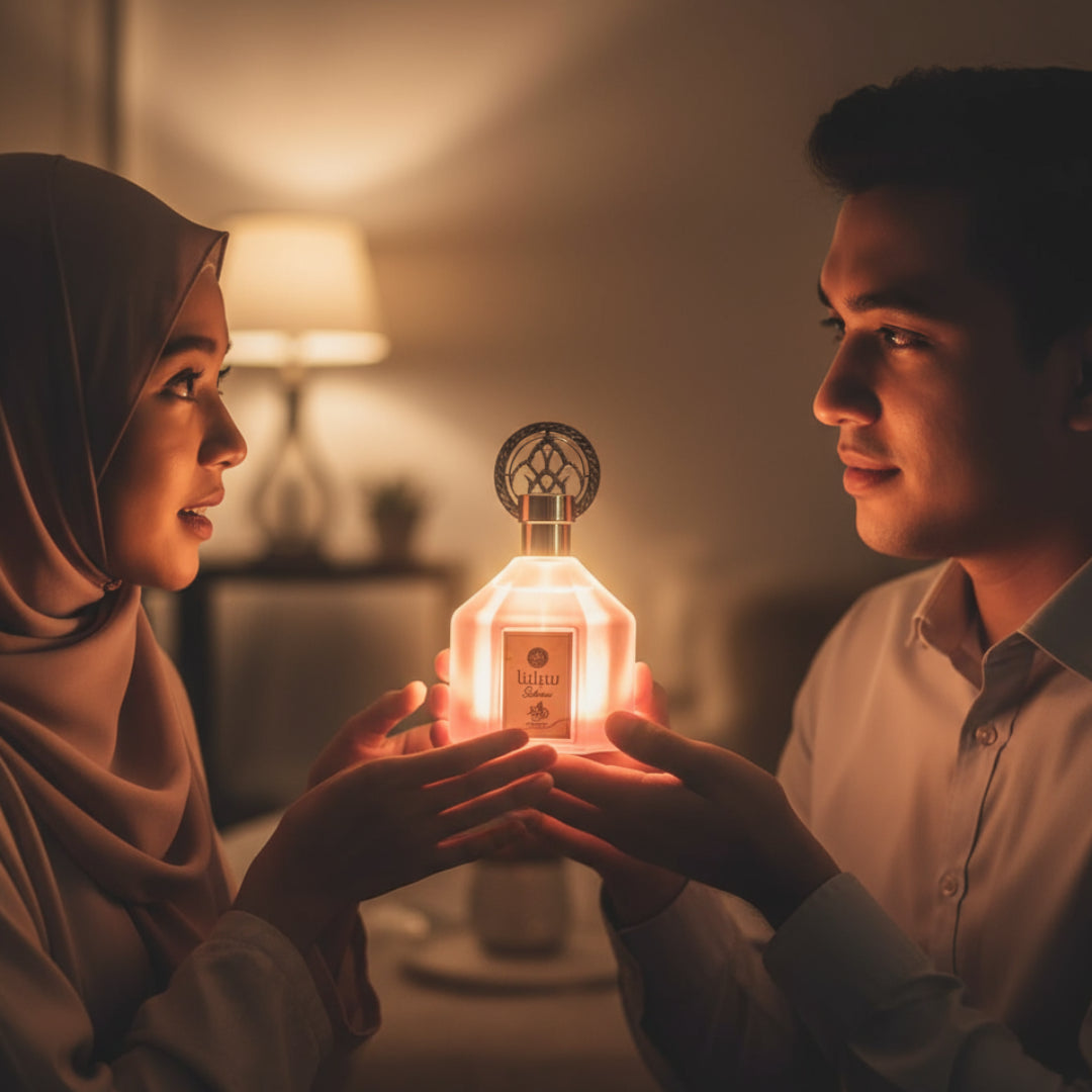 Two people holding a glowing bottle in a warm, indoor setting