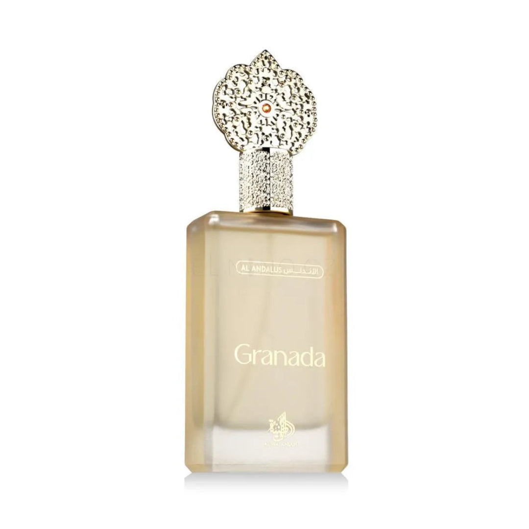 Perfume bottle labeled 'Granada' with a decorative cap on a white background