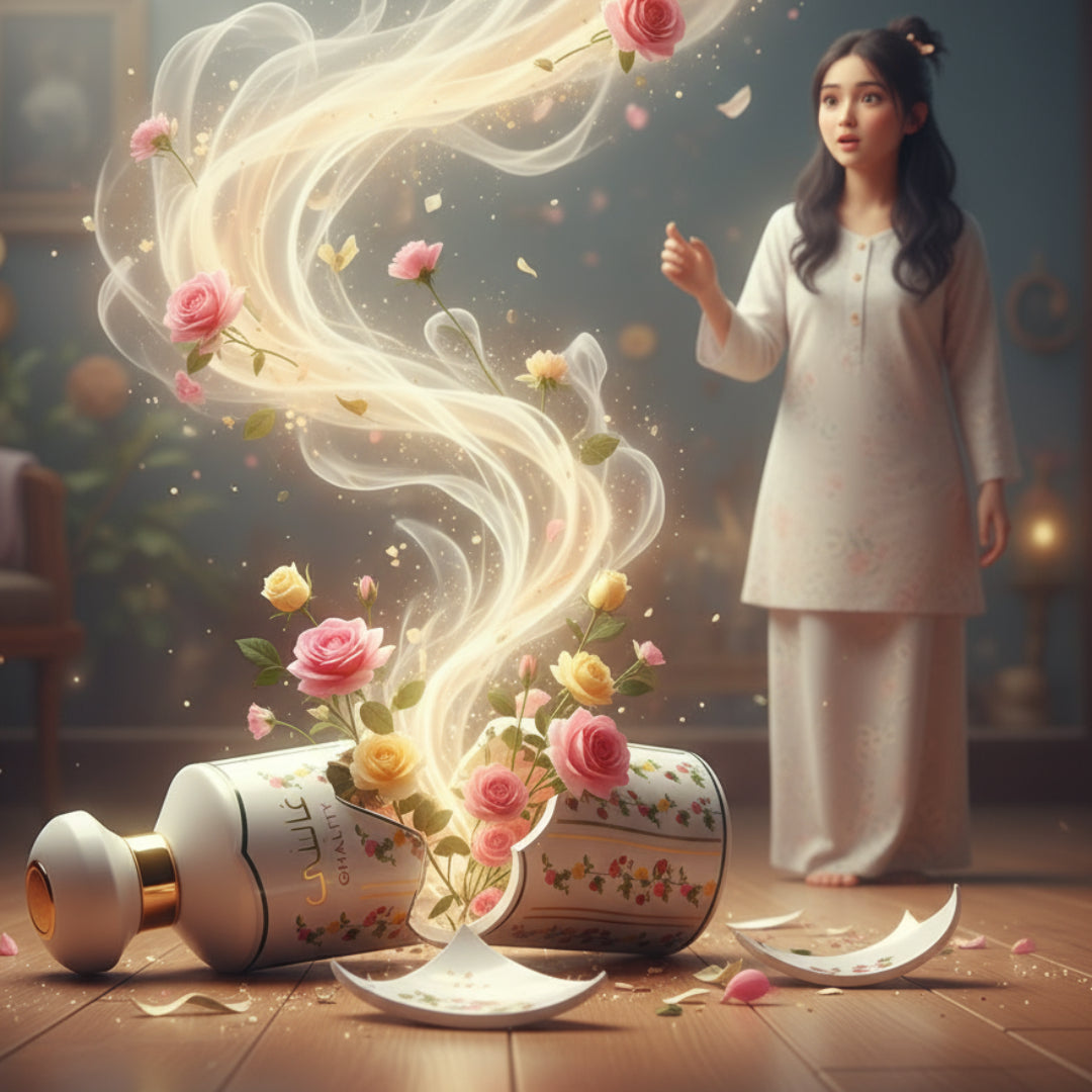 Perfume bottle with floral design and 'Ghality' branding on a white background