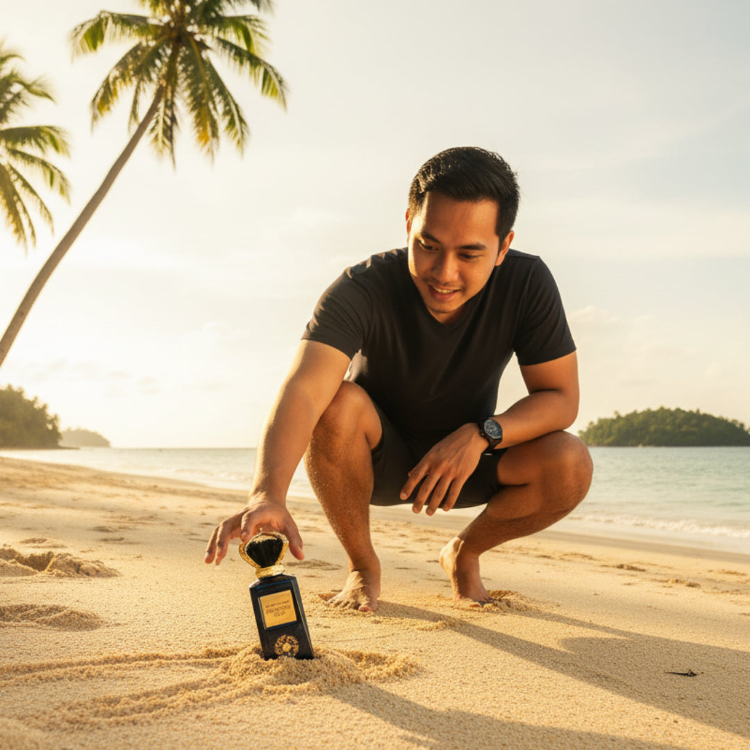 Perfume bottle labeled 'Midnight Oud' with a gold cap on a white background