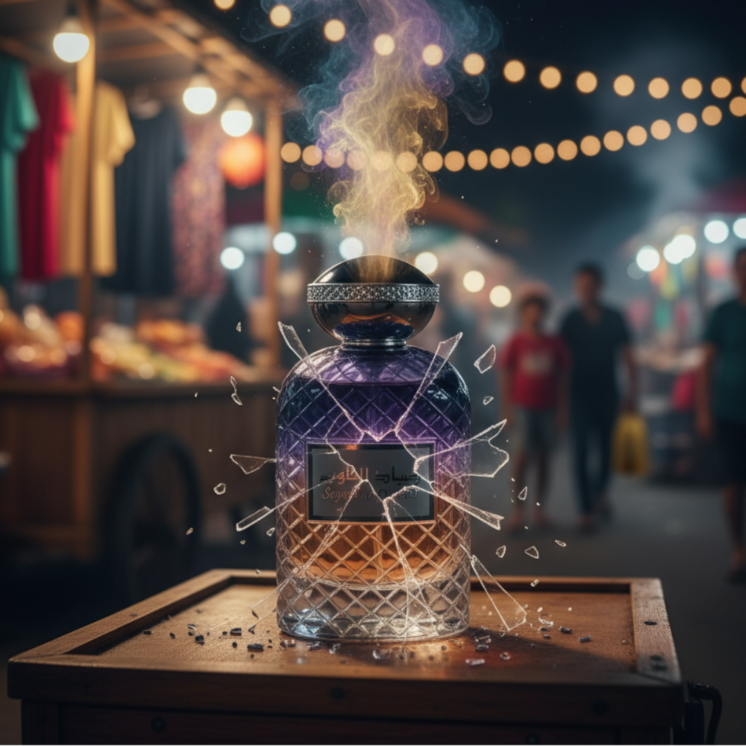 Perfume bottle with textured design and silver cap on a white background