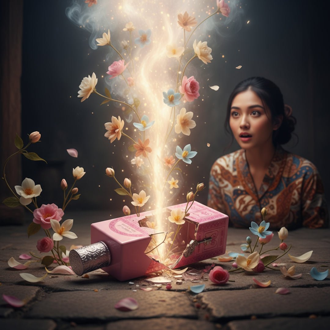 Pink perfume bottle with intricate design on a white background