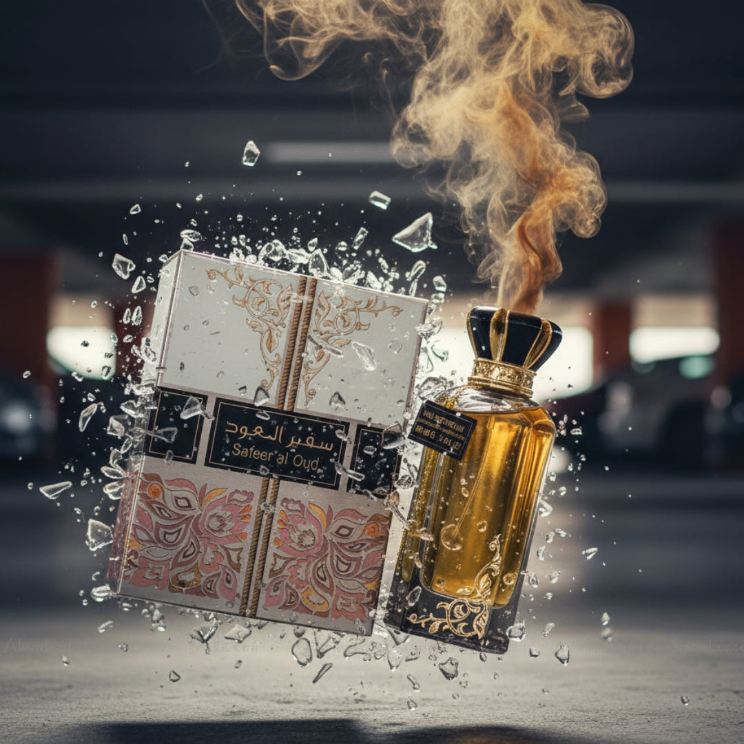 Perfume bottle and packaging of Safer al Oud on a white background