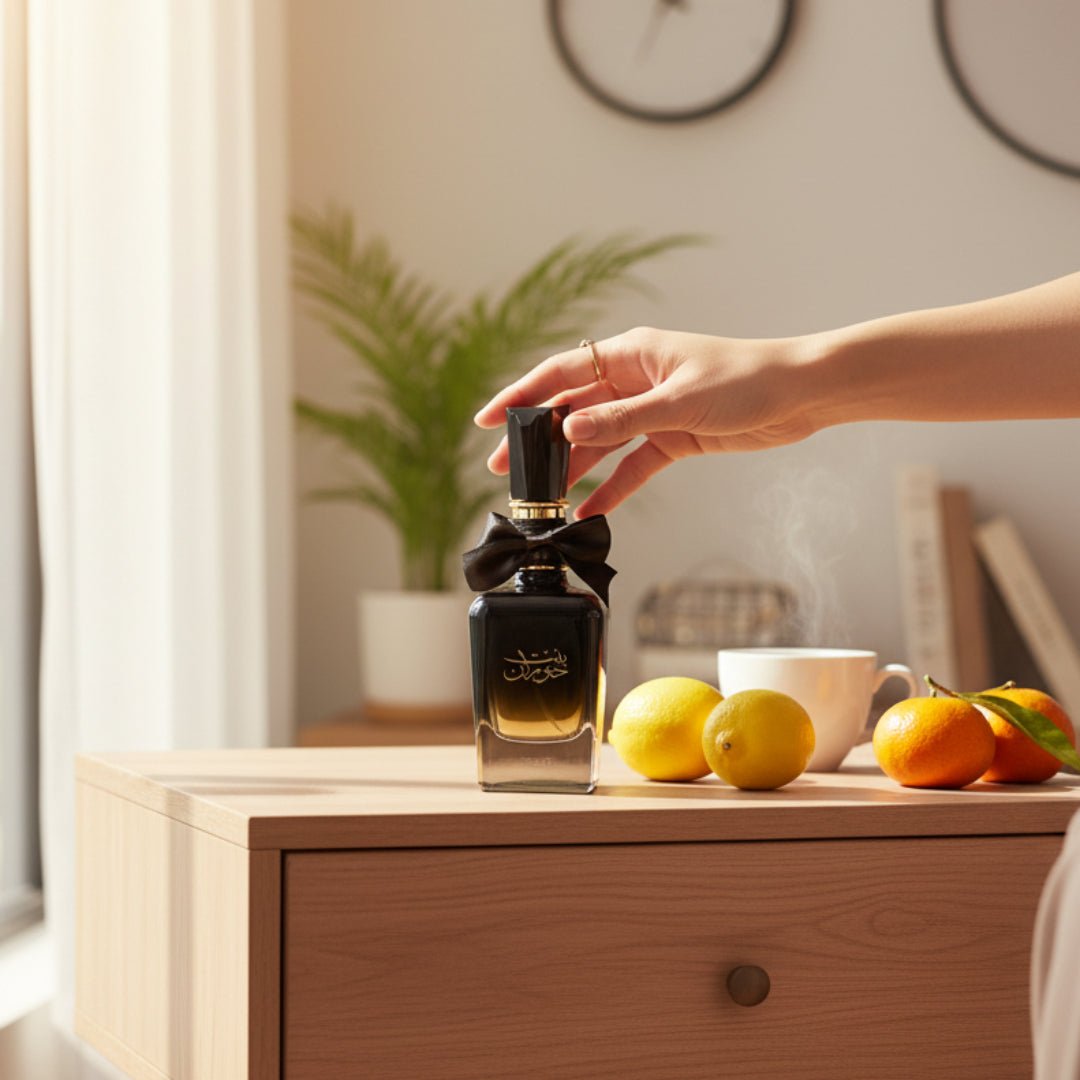 Women perfume bottle in Malaysian home morning light with citrus fruits and coffee &ndash; sweet fresh fragrance Malaysia