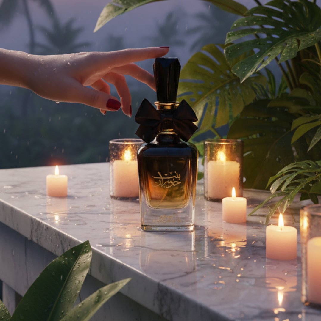 Women perfume on rain-wet marble terrace with candle glow and tropical plants &ndash; elegant fragrance Malaysia