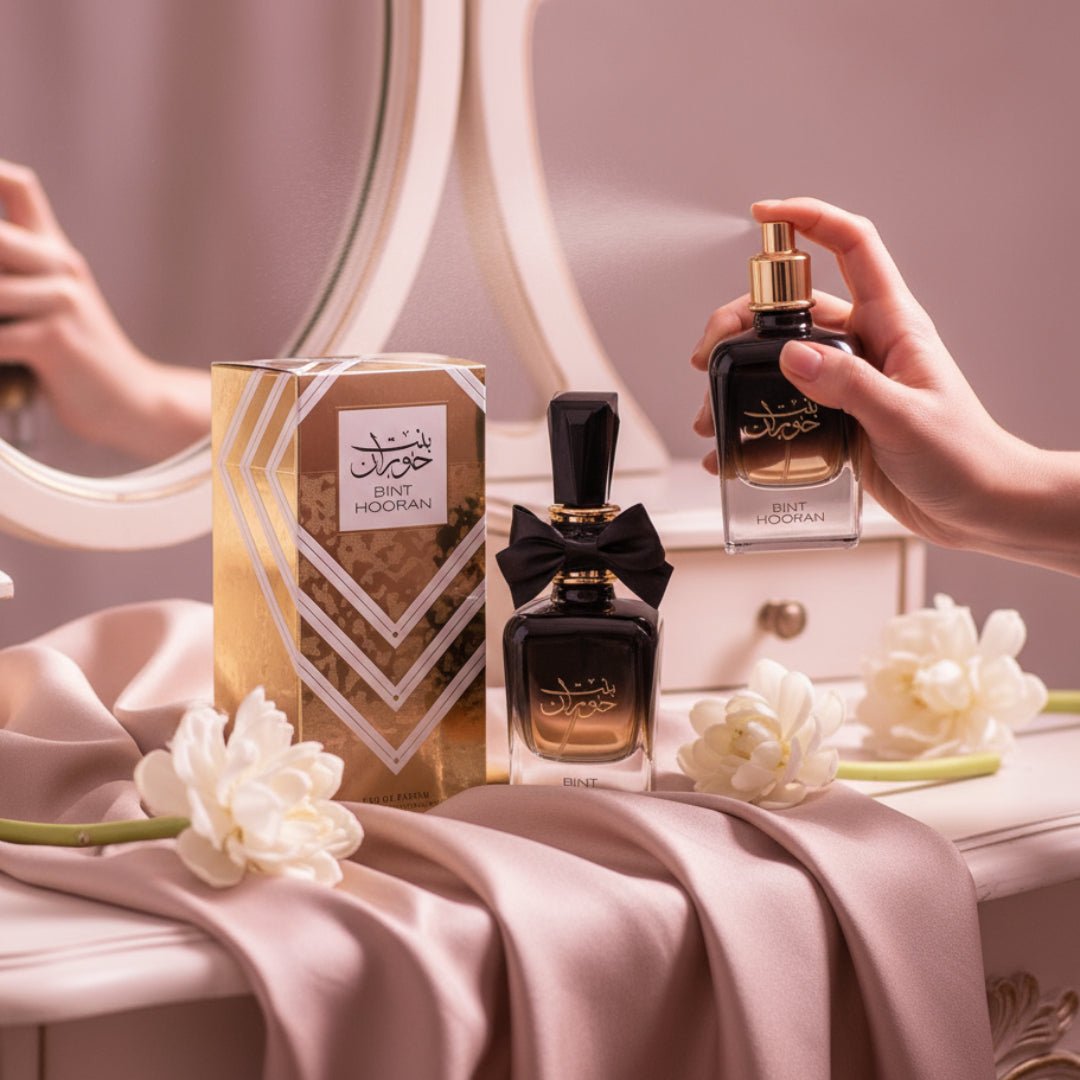 Perfume bottle+box on a vanity table draped in soft nude silk, tuberose blossoms scattered, soft pink light, mirror reflections. Woman (hijab optional) gently sprays.