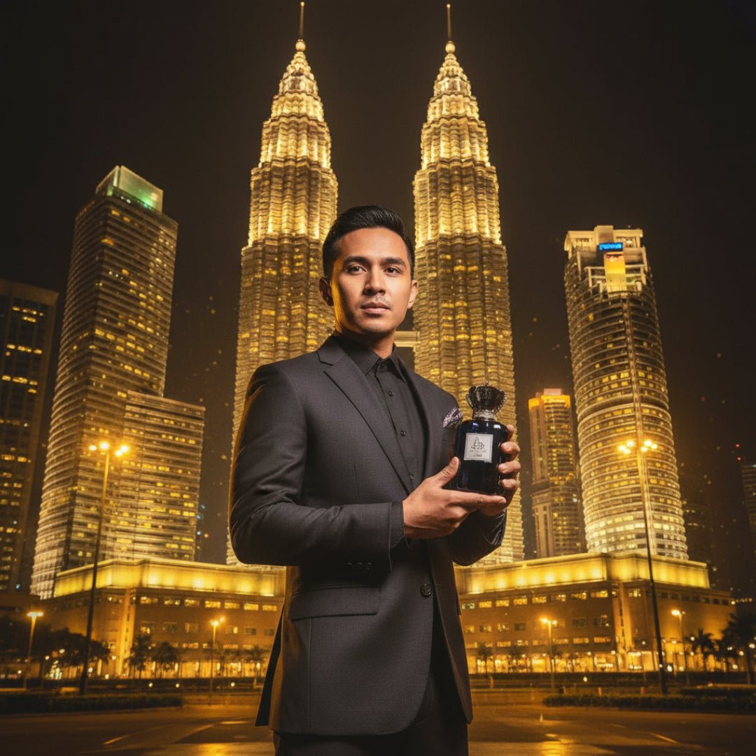 Dar Al Hae Ard Al Zaafaran men perfume with Malay man at KLCC gold arabian night malaysia