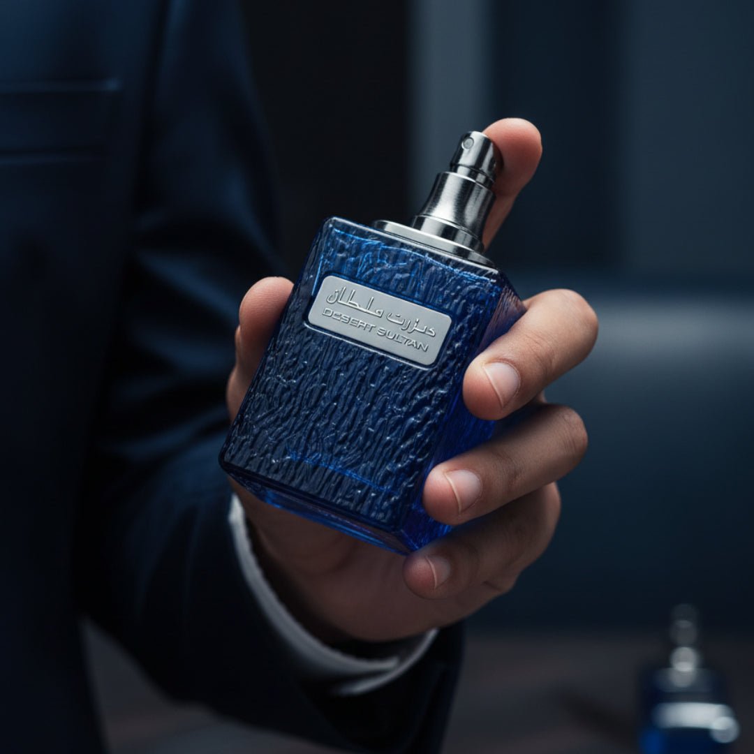 Lelaki Malaysia memegang Desert Sultan Sapphire, vibe maskulin biru premium