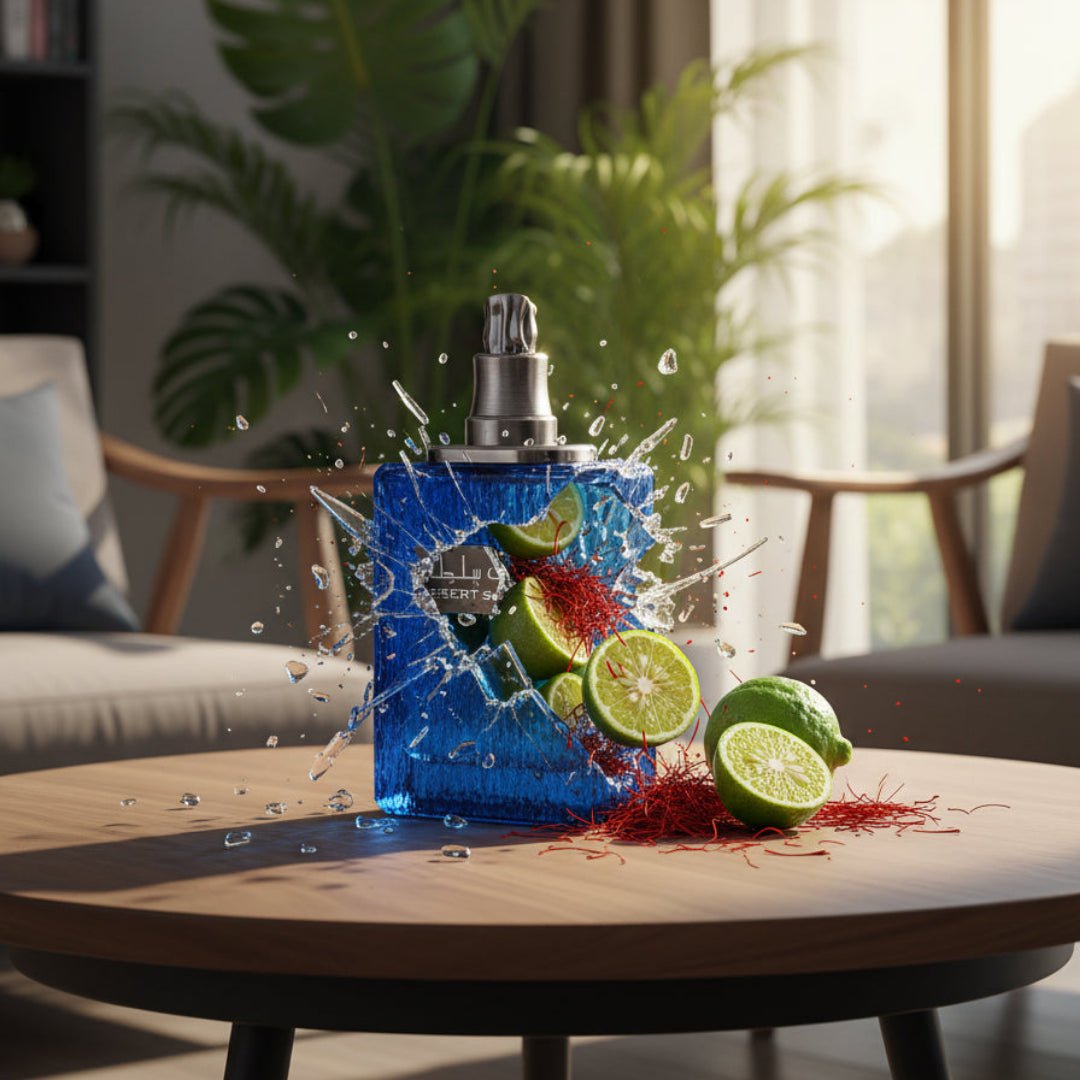 Blue perfume bottle with 'Desert Sultan' label on a white background