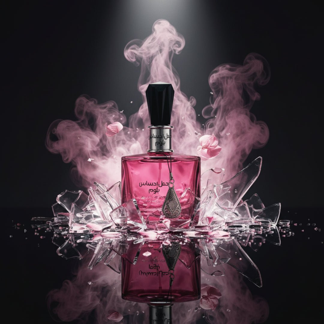 Ehsas Bloom perfume wanita botol pecah dramatik asap pink Malaysia