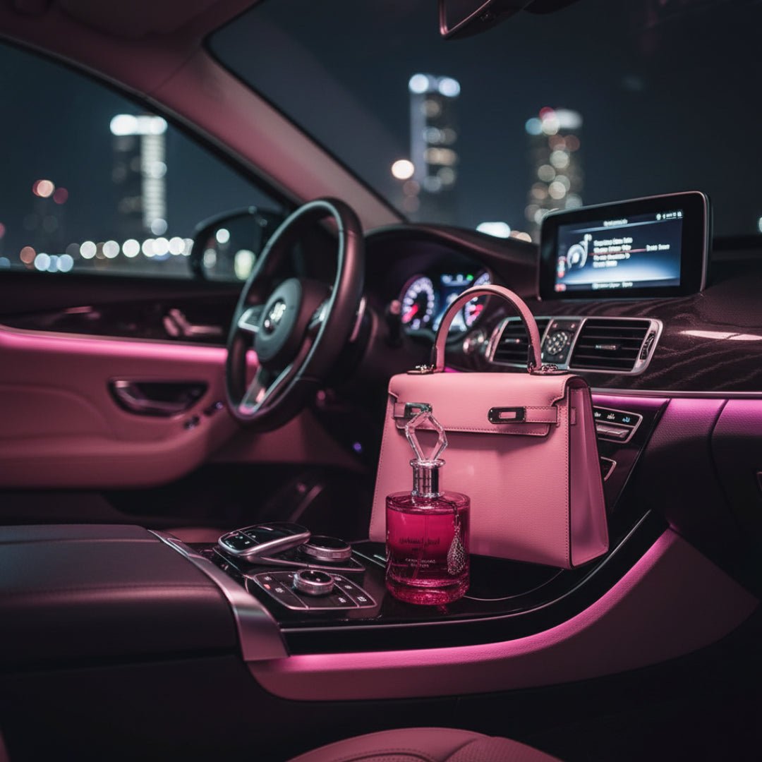 Ehsas Bloom perfume wanita dalam kereta malam lampu pink Malaysia