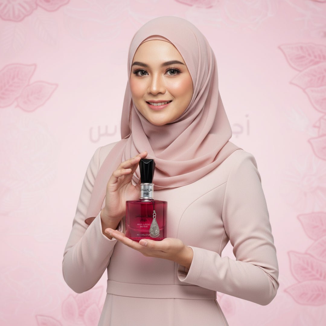 wanita berhijab malaysia pegang ehsas bloom perfume feminin pink