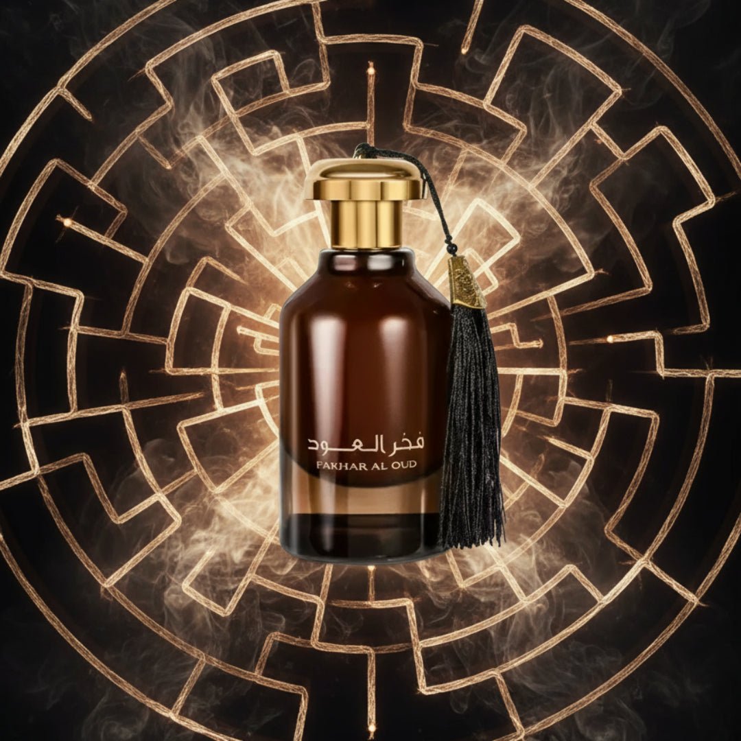 Fakhar Al Oud inside a floating incense‑smoke labyrinth with faint geometric glow; bottle and box clear.