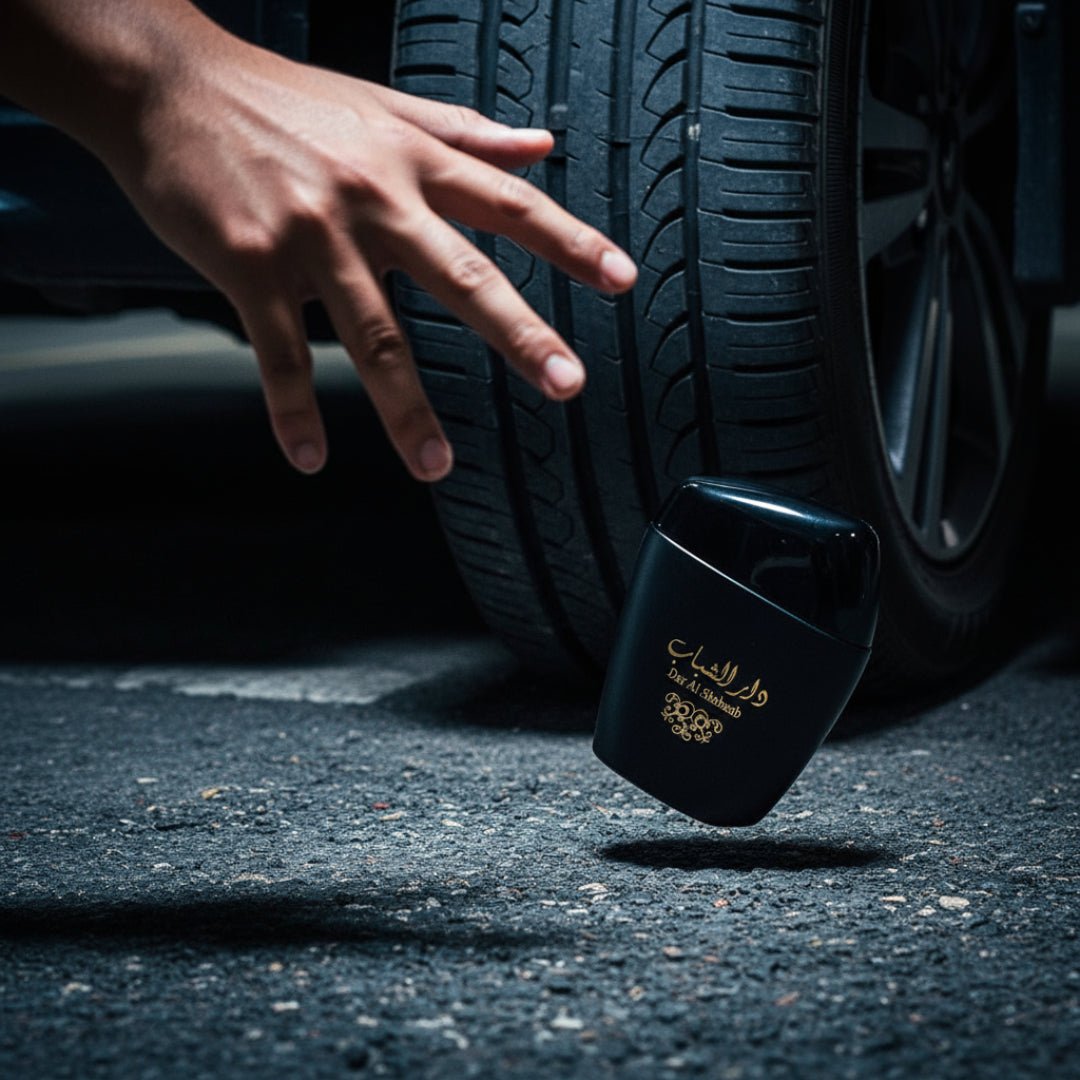 Cinematic moment in Kuala Lumpur: a man throws a perfume bottle and box, another Malaysian catches them mid-air.