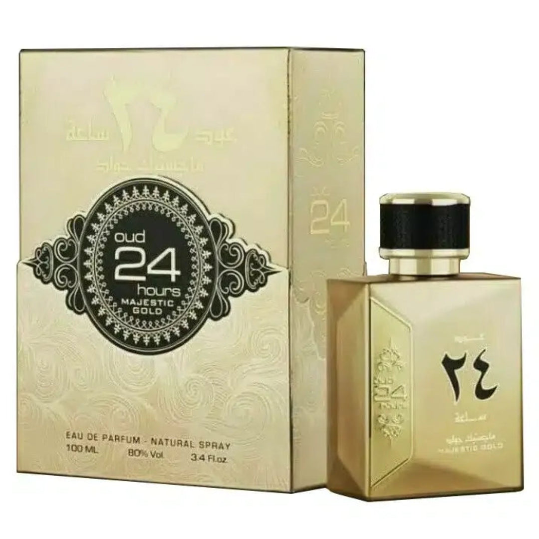 Gold perfume bottle and packaging with 'Oud 24' branding on a white background