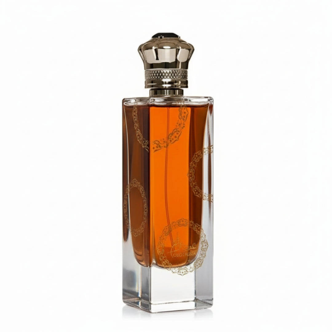 Oud Fazza perfume bottle and packaging on a white background