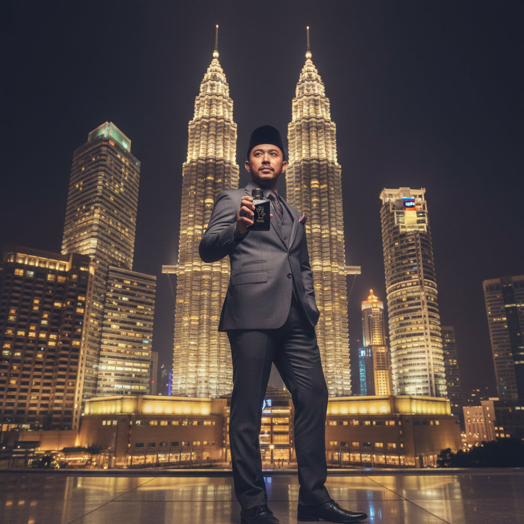 Lelaki Melayu memegang Oud 24 Hours di KLCC malam &ndash; vibe mewah Malaysia