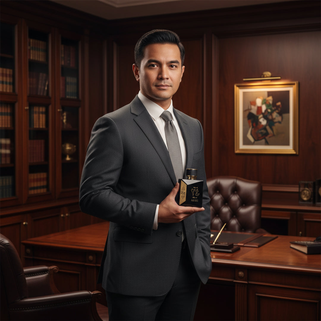 Lelaki Melayu di pejabat kayu gelap memegang Oud 24 Hours