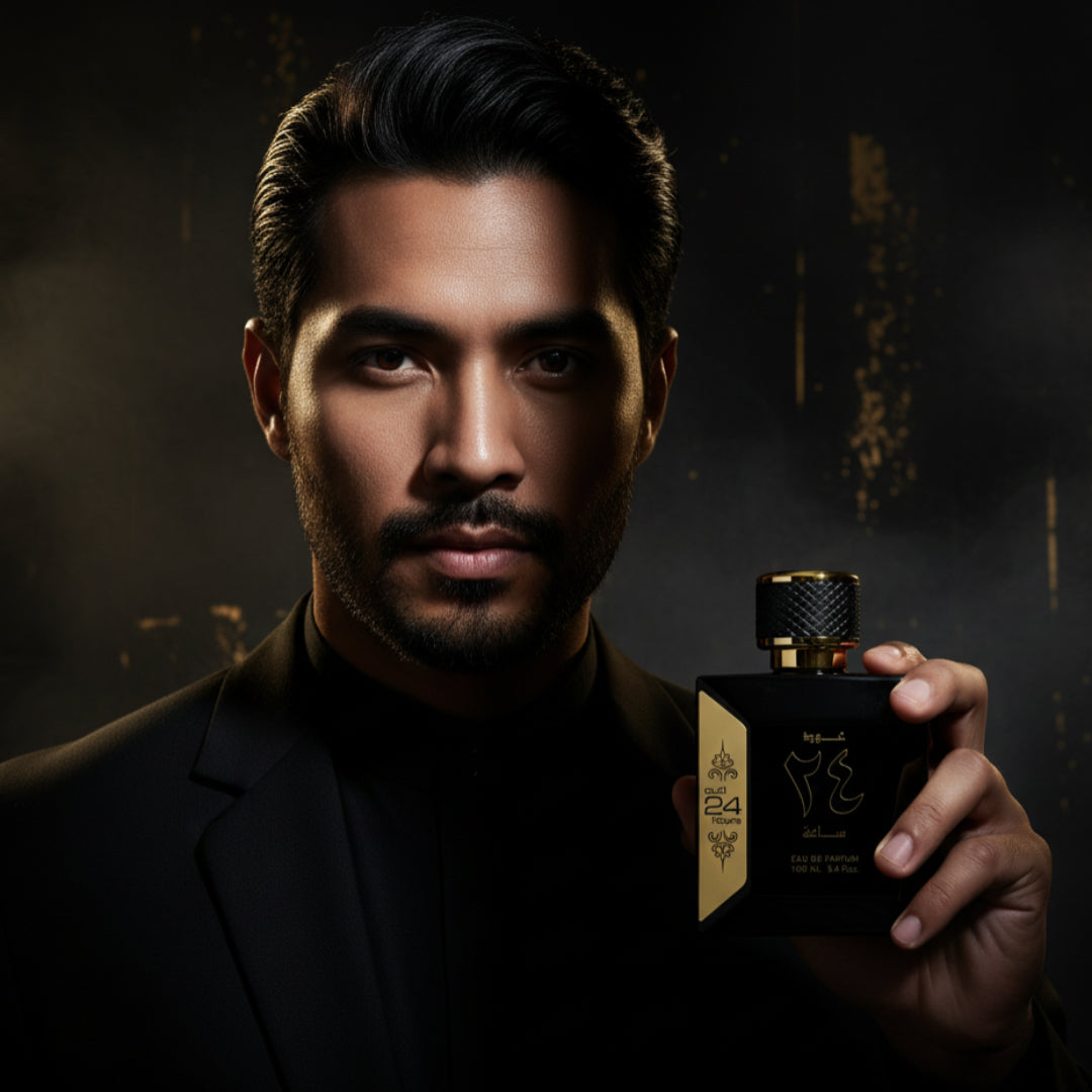 Lelaki Melayu separuh wajah bayang memegang Oud 24 Hours