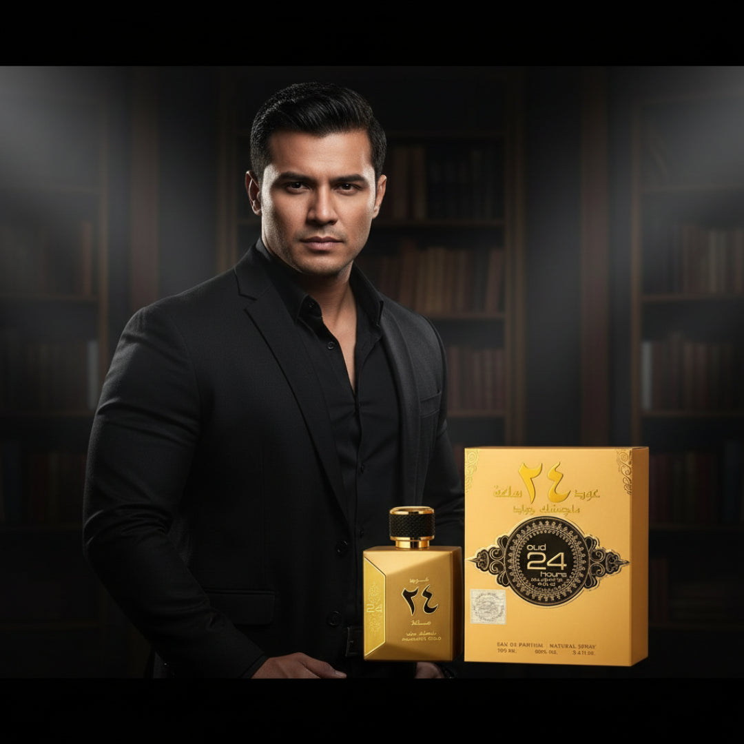 Lelaki Malaysia berbaju hitam dengan Oud 24 Majestic, aura dominan