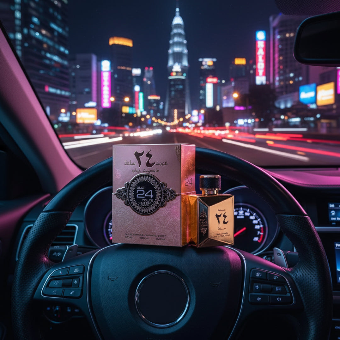 Oud 24 Majestic di stereng kereta malam, neon KL urban