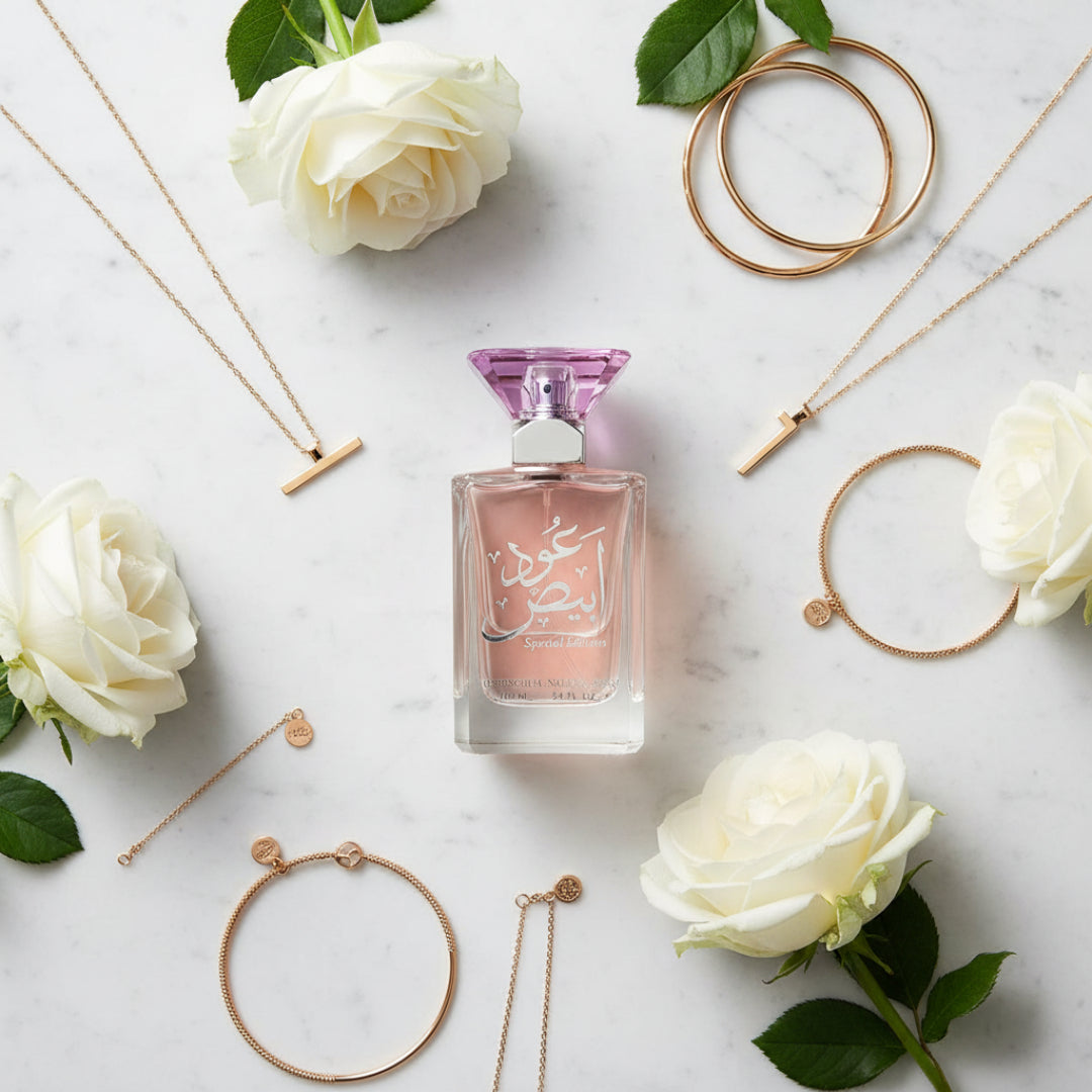 oud abyad flatlay wanita karpet putih malaysia