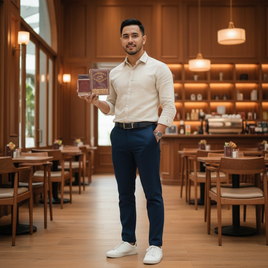 Lelaki Melayu di kafe interior kayu dengan Oudi &ndash; vibe classy Malaysia