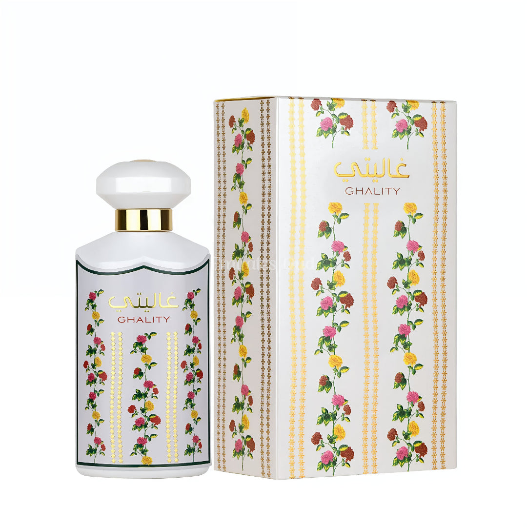 Perfume bottle and packaging with floral design on a white background Ghality 100ml EDP &ndash; Women’s Flora Bloom Perfume by Ard Al Zaafaran