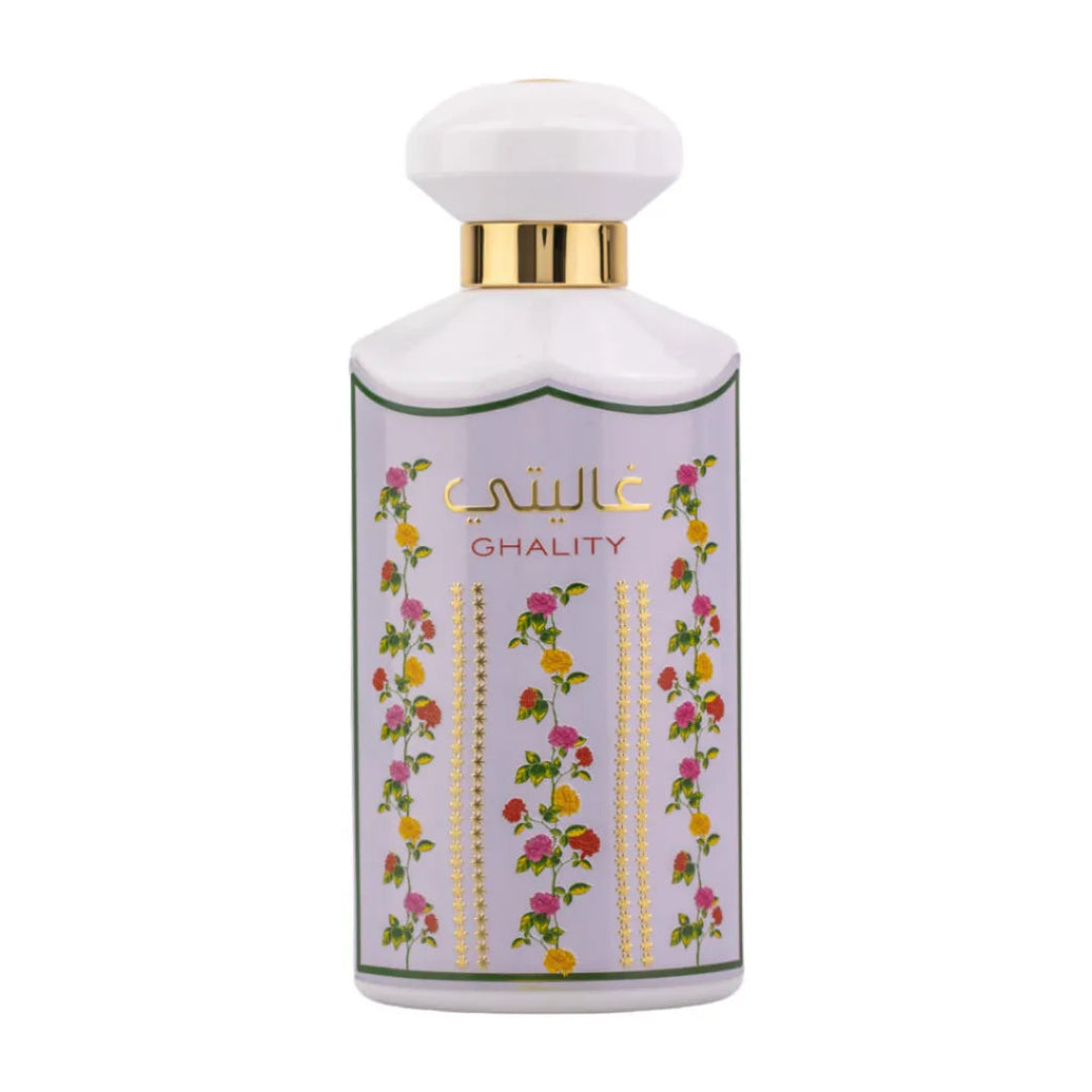 Perfume bottle with floral design and 'Ghality' branding on a white background
