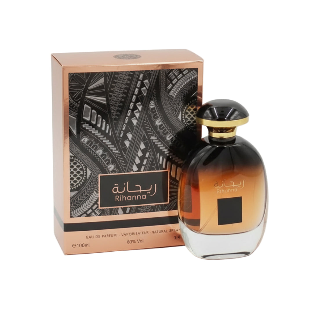 Perfume bottle and packaging with 'Rihanna' branding on a white background