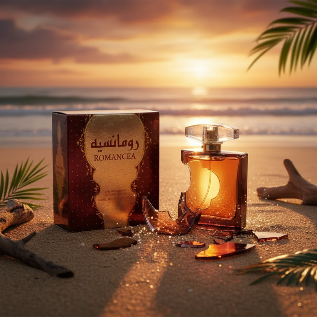 Romancea Perfume bottle and packaging on a beach at sunset
