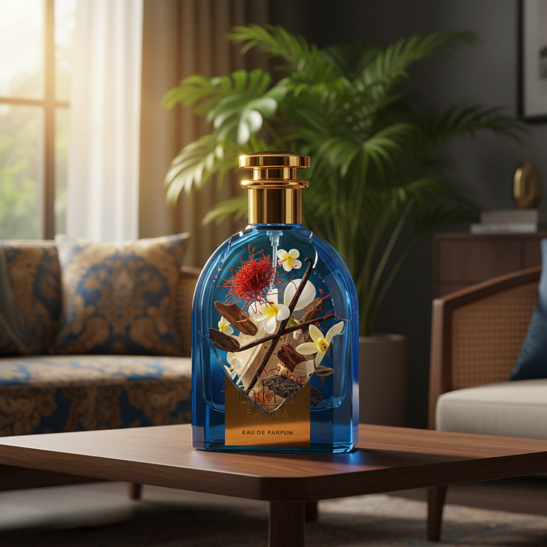 Satwa perfume bottle with floral design on a wooden table in a living room setting