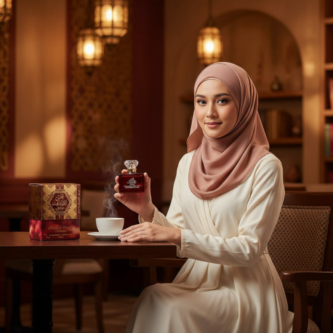 wanita berhijab malaysia kafe pegang shams al emarat warm arabic