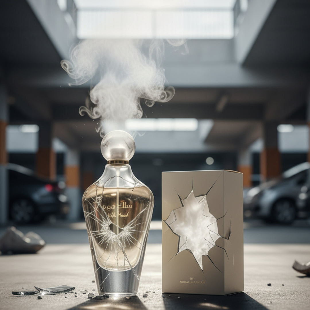 Perfume bottle broken, white floral coconut haze emerging; car park under soft light Malaysia &mdash; clear bottle and box, cinematic lighting.