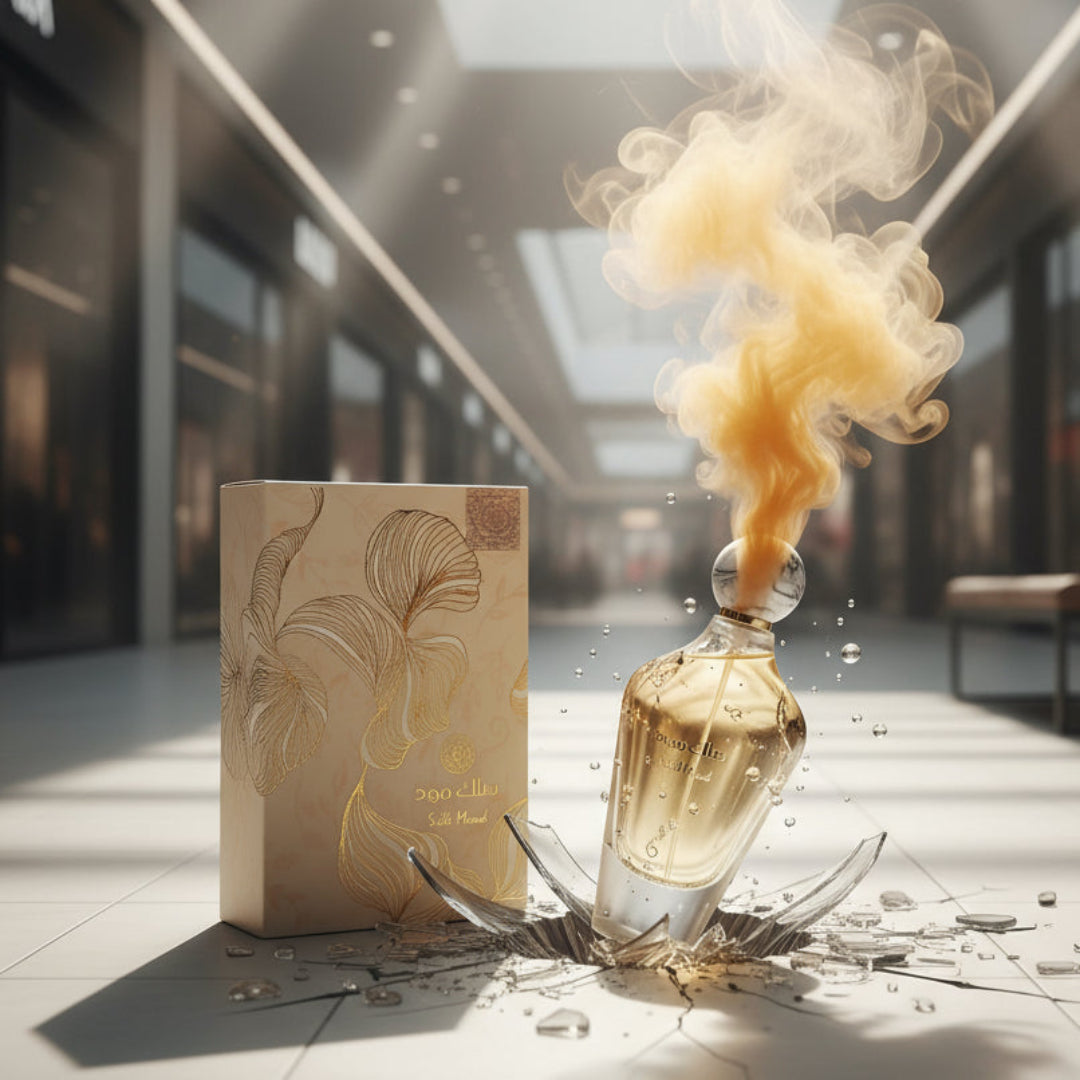 Perfume bottle broken, mango vapor emerging; shopping mall hallway Malaysia &mdash; clear bottle and box, cinematic lighting.