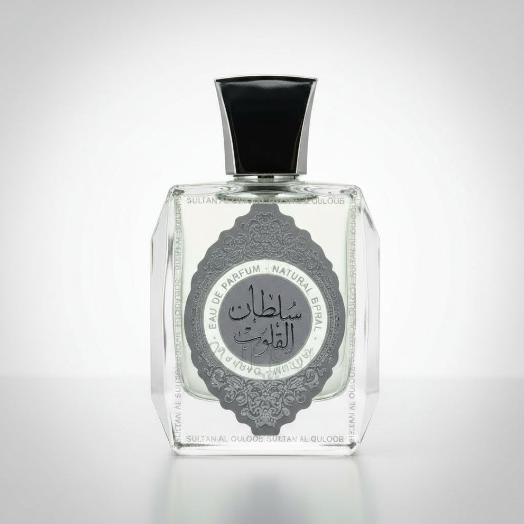 Perfume bottle with a black cap on a white background