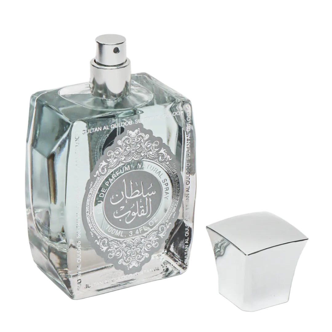 Clear perfume bottle with silver cap on a white background