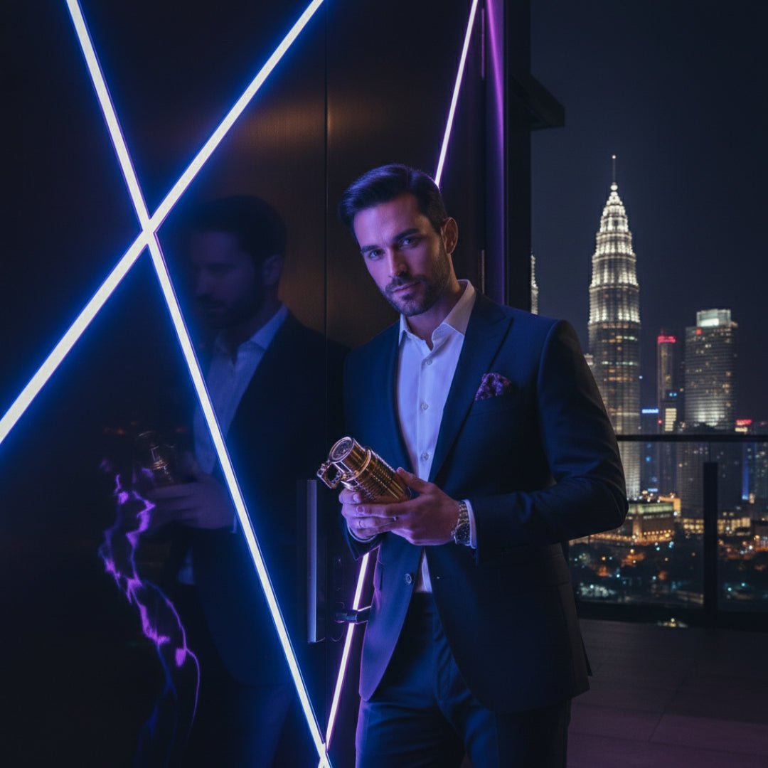 lelaki pegang aoud odyssey di kaunter kedai perfume sebelum beli malaysia