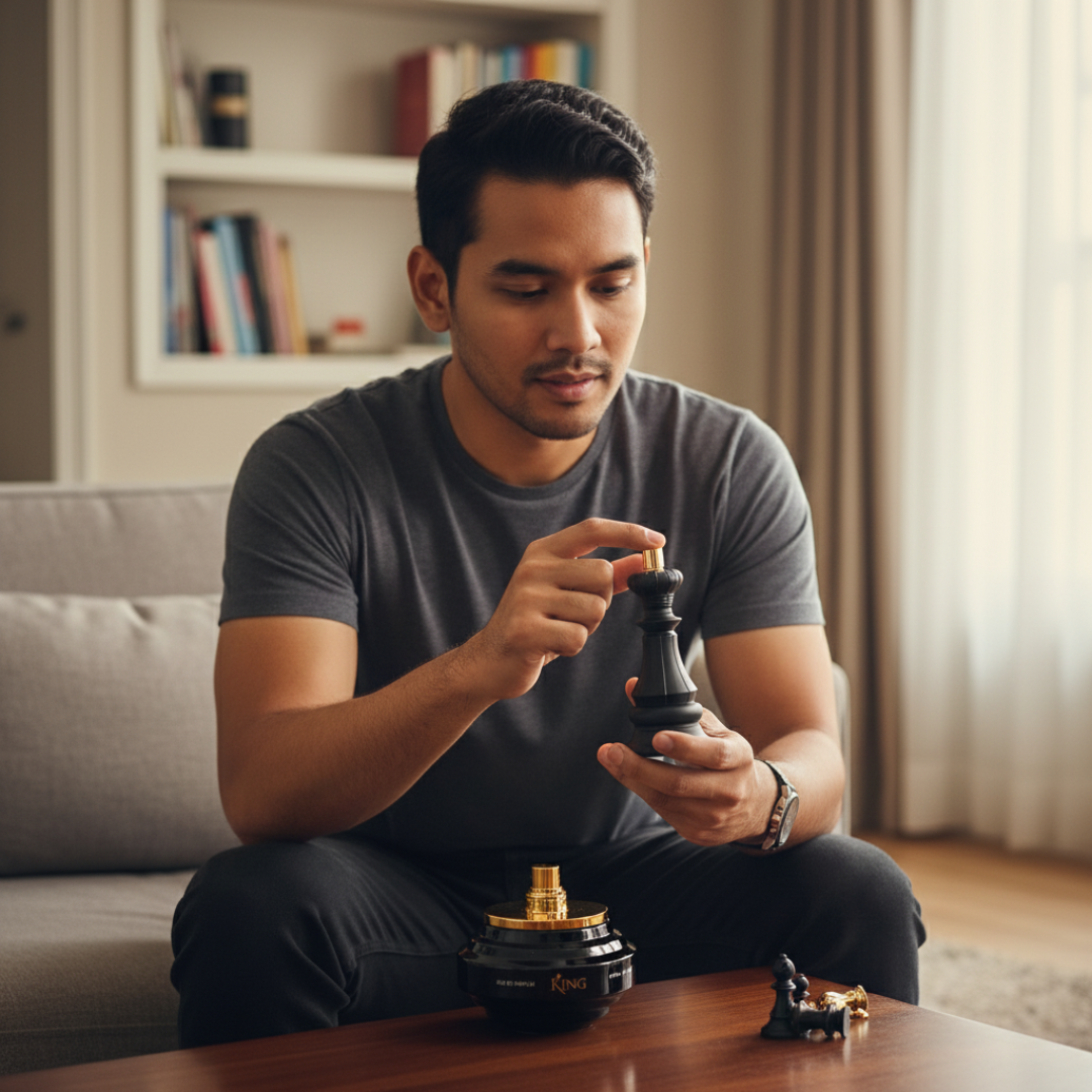 Man holding a king checkmate perfume in a living room setting