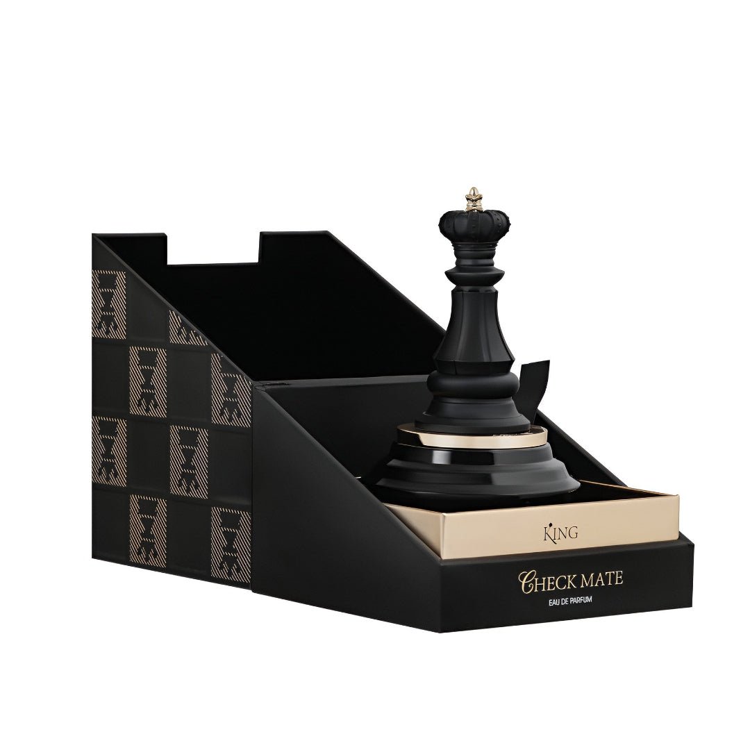 Black chess piece with packaging labeled 'King Check Mate' on a white background King Armaf for men 100ml EDP