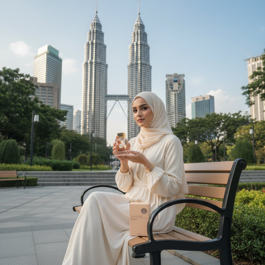 wanita hijab pegang club de nuit woman duduk bangku klcc malaysia