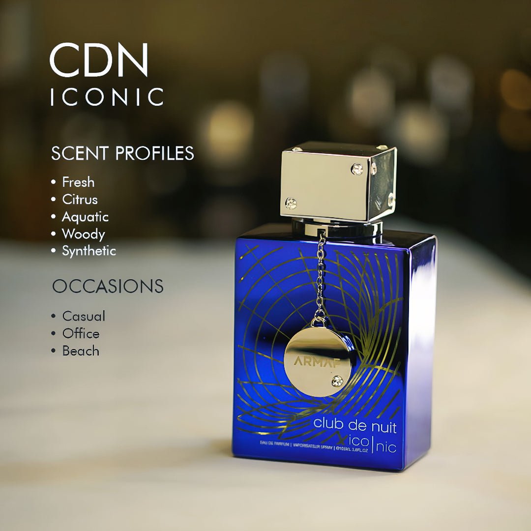 Perfume bottle with 'CDN Iconic' branding and product details on a blurred background