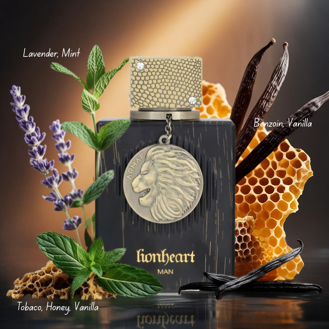 Perfume bottle labeled 'lionheart' with natural elements like lavender, mint, vanilla, and honeycomb on a dark background.