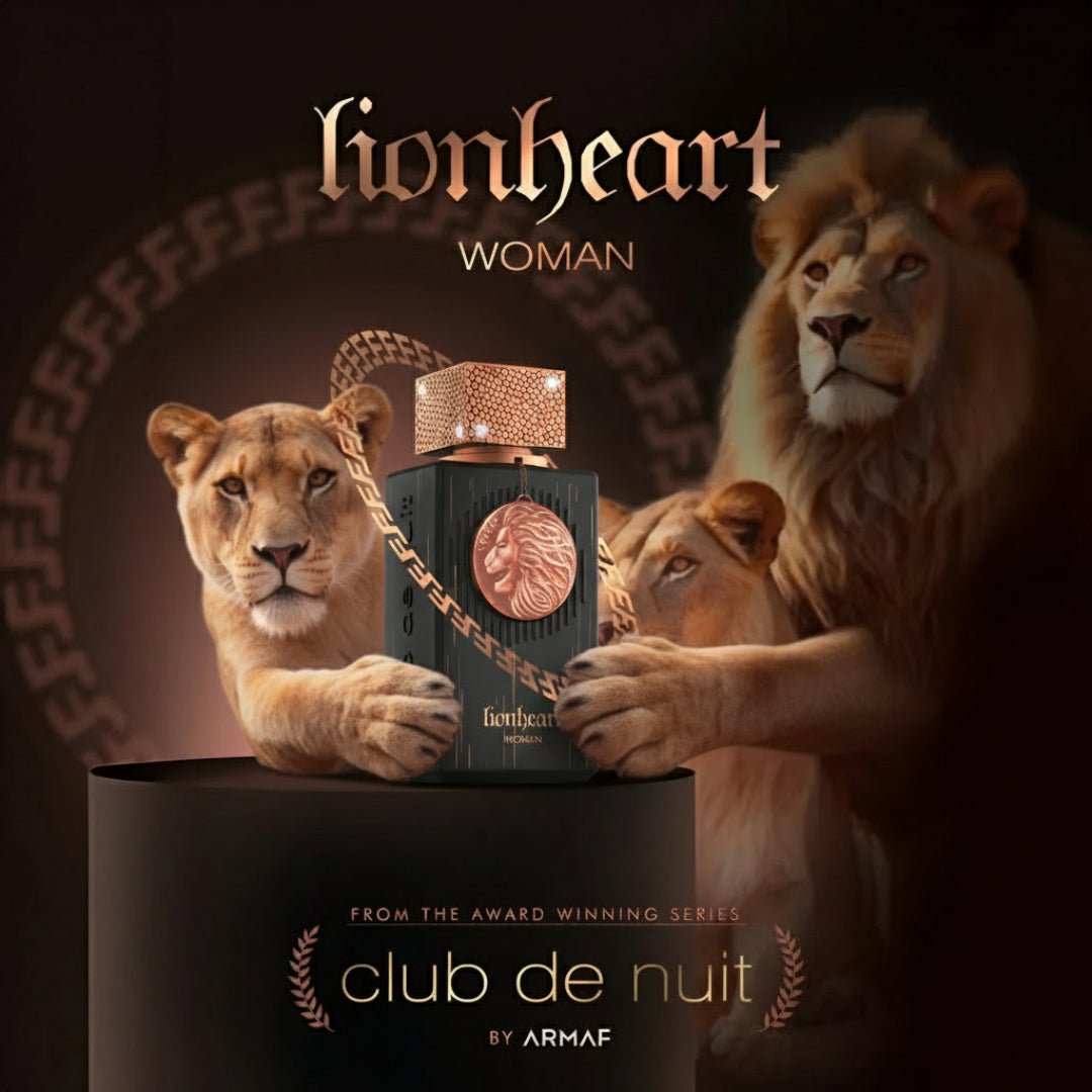 Lionheart Woman perfume bottle with lions on a dark background