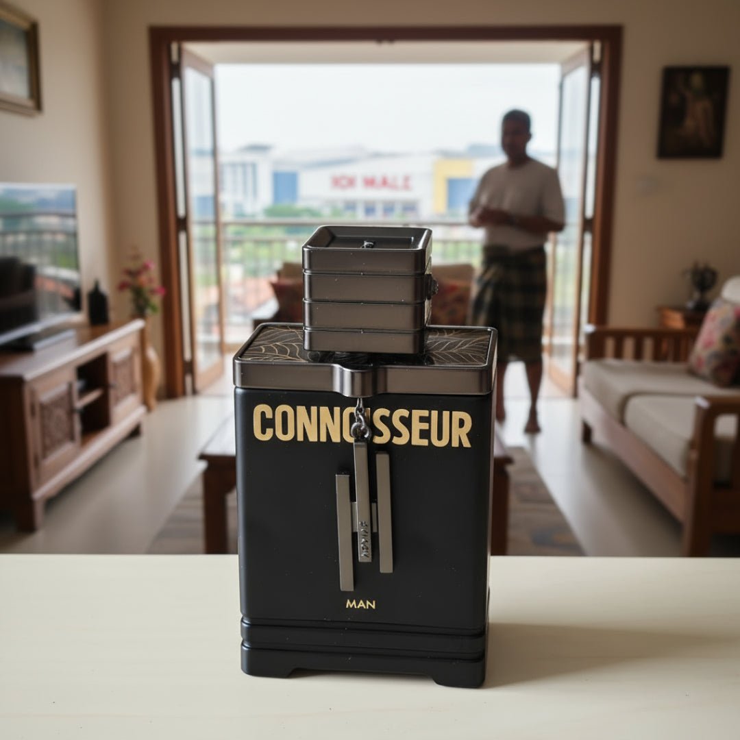Black coffee grinder with 'CONNOISSEUR' branding on a table in a living room.