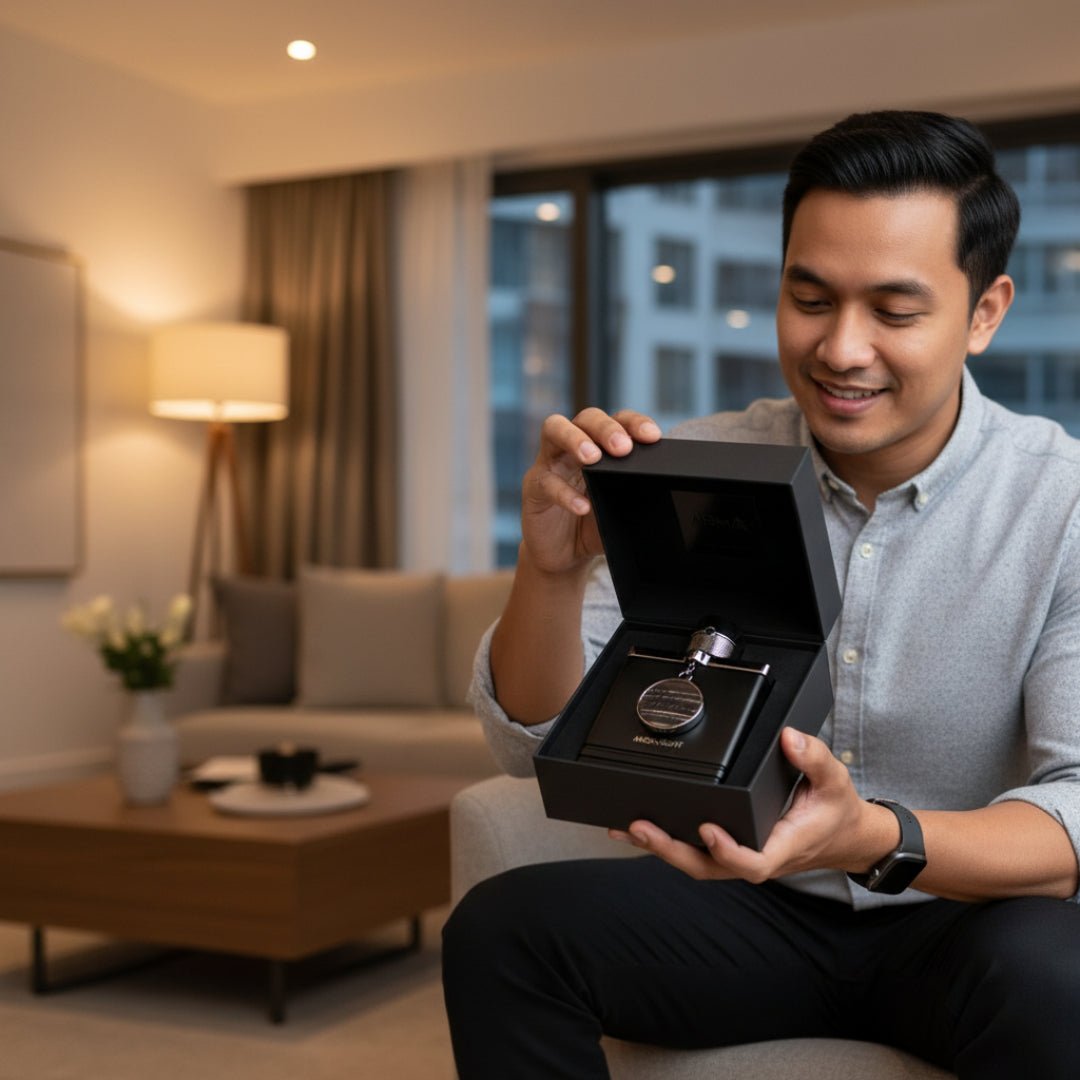 Man holding a black box with a silver pendant inside, sitting in a living room.