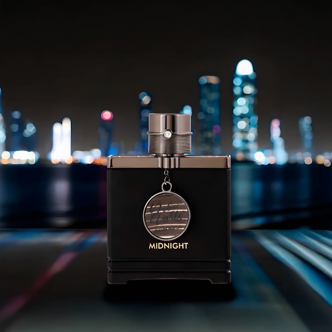 Black perfume bottle labeled 'Midnight' with a city skyline in the background Armaf Dubai Nights Midnight Armaf for men