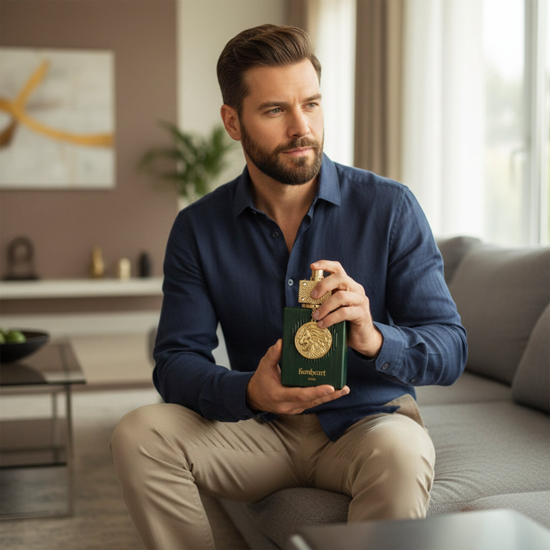 lelaki pegang lionheart duduk sofa rumah malaysia